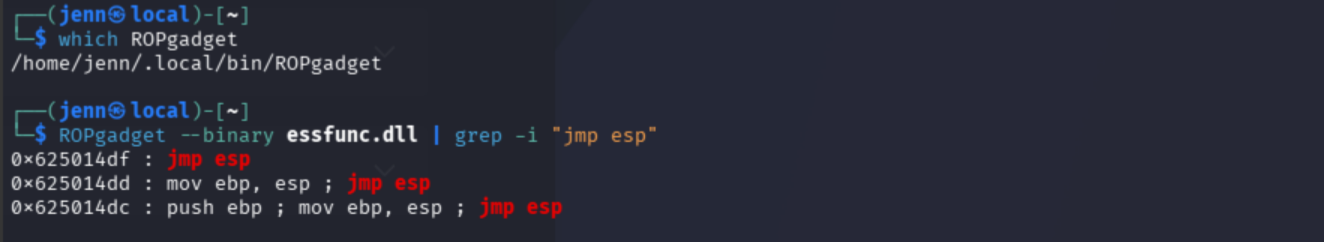 ROPgadget output showing JMP ESP at 0x625014df in essfunc.dll